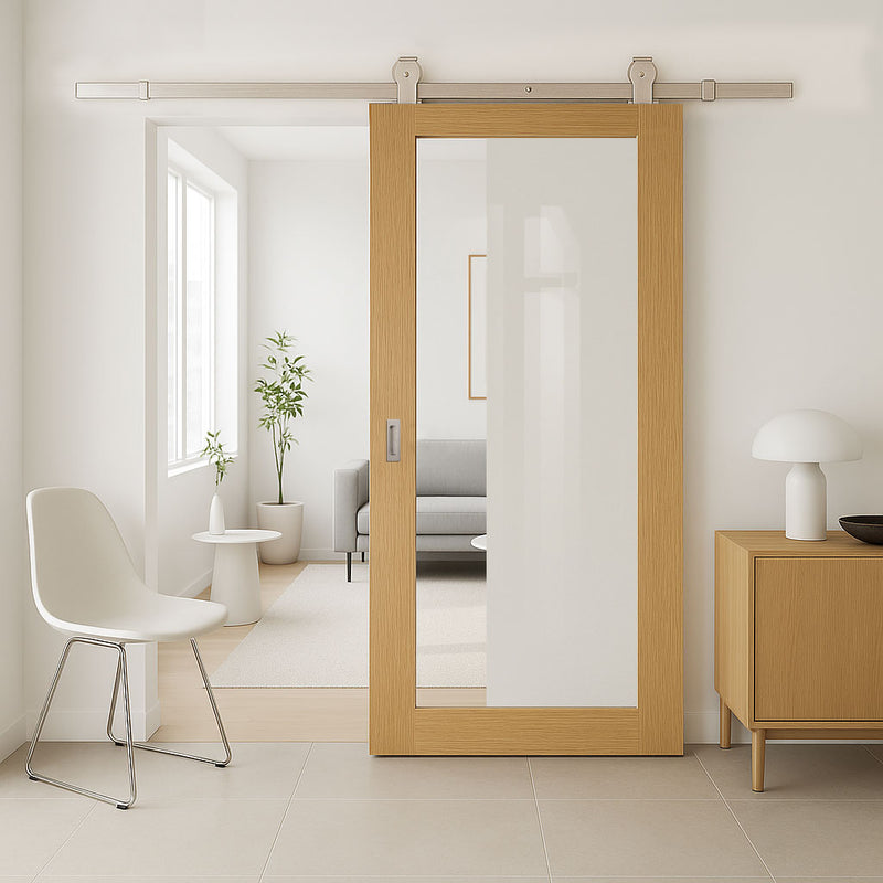Top Mounted Stainless Steel Sliding Track & Door - Pattern 10 Style Oak Internal Door - Clear Glass
