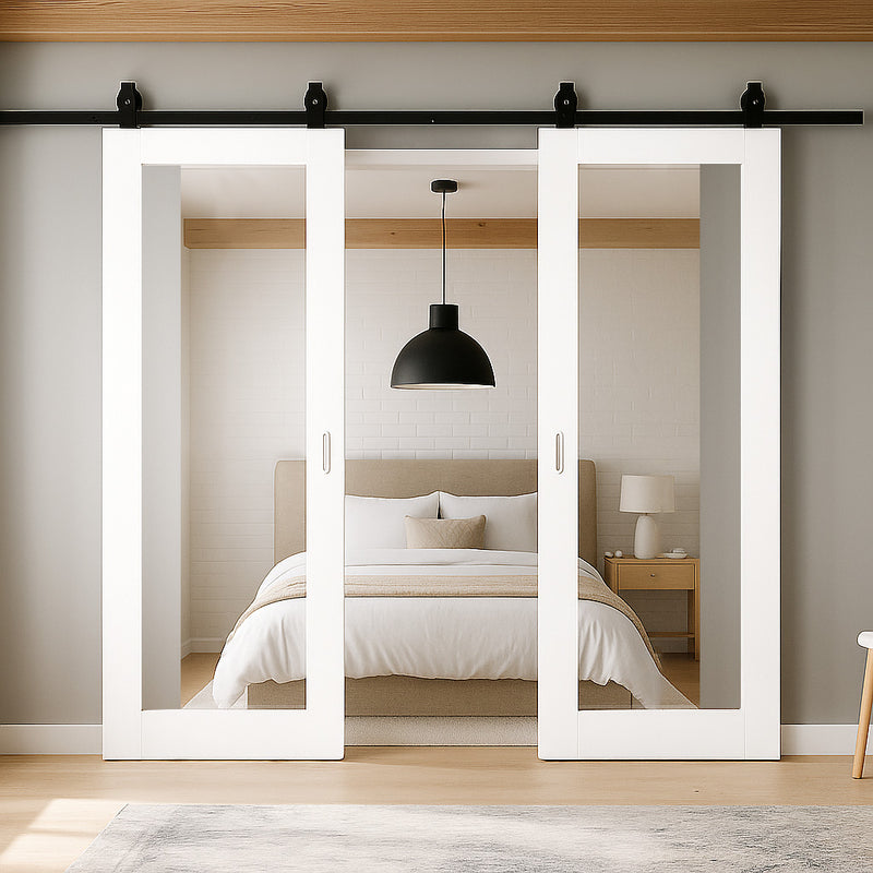 Top Mounted Black Sliding Track & Double Door - Pattern 10 Style Internal Door - White Primed - Clear Glass