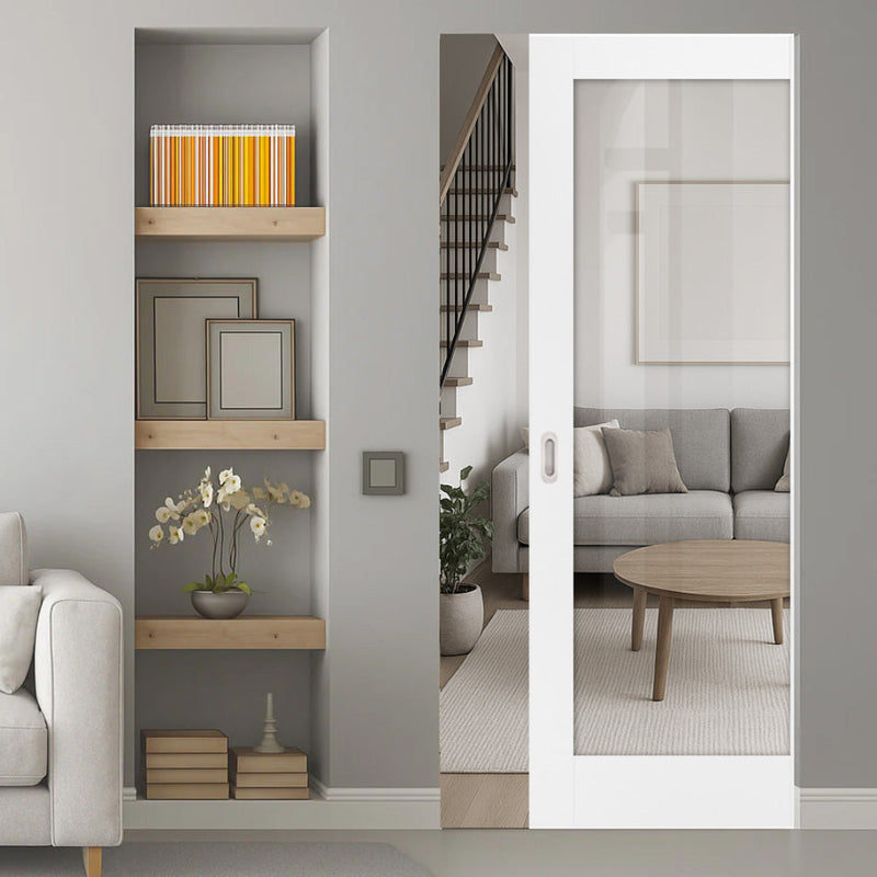 Modern living room with gray sofa, wooden shelves, and a mirror reflecting the room.