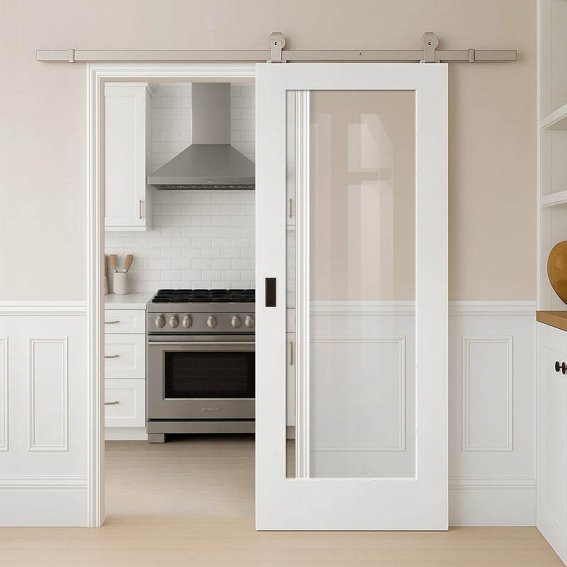 Top Mounted Stainless Steel Sliding Track & Door - Pattern 10 Style Internal Door - White Primed - Clear Glass
