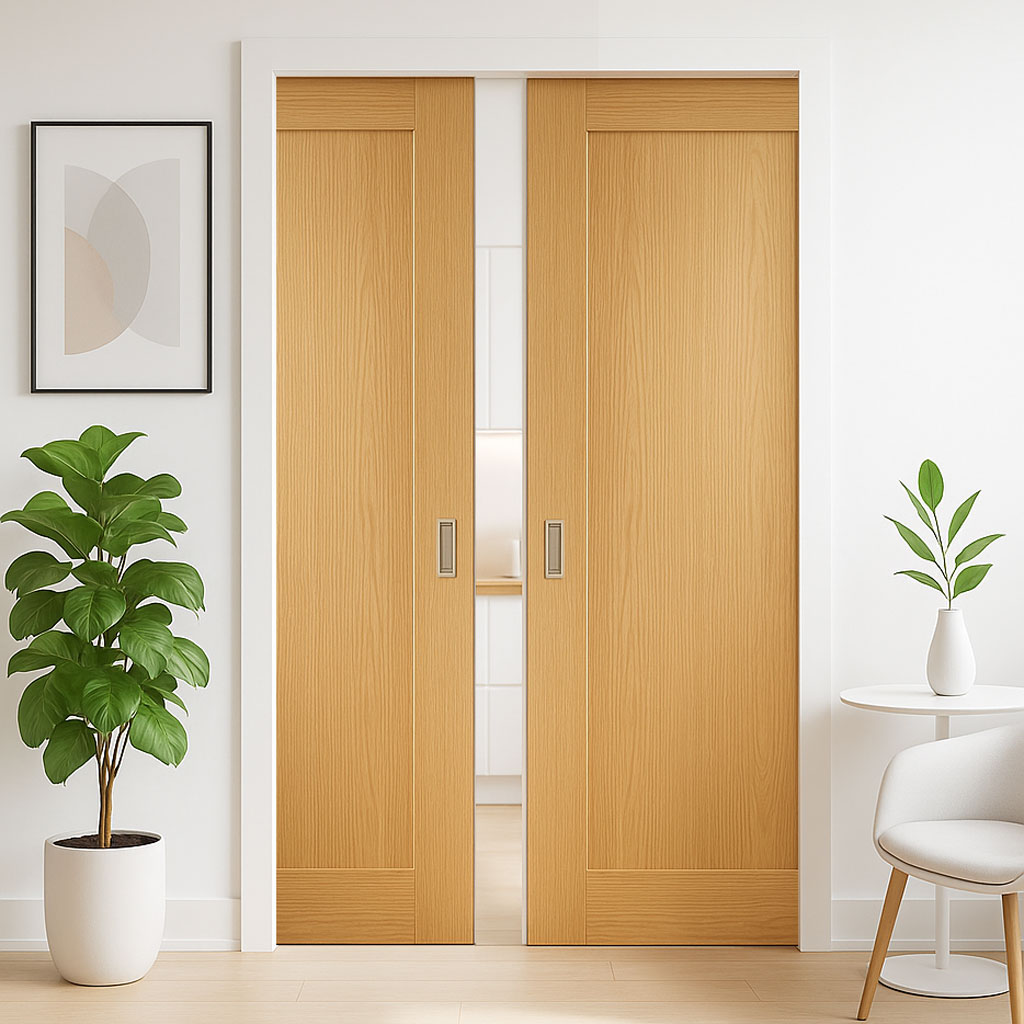 Pattern 10 Style Panel Oak Double Evokit Pocket Door - Unfinished