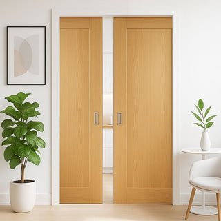 Image: Pattern 10 Style Panel Oak Double Evokit Pocket Door - Unfinished