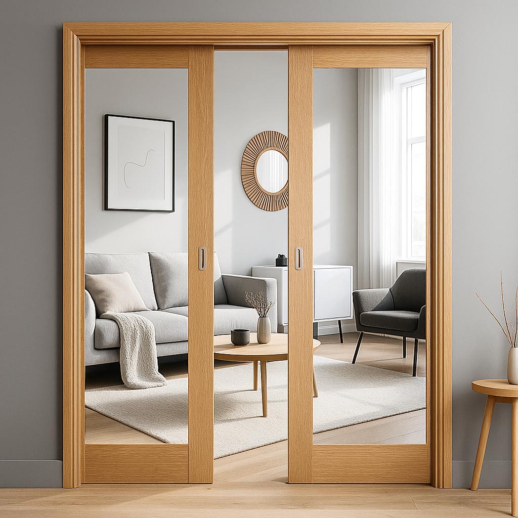 Pattern 10 Style Oak Double Evokit Pocket Door - Clear Glass - Unfinished