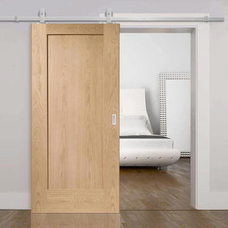 Image: Top Mounted Stainless Steel Sliding Track & Door - Pattern 10 Oak 1 Panel Door - Prefinished