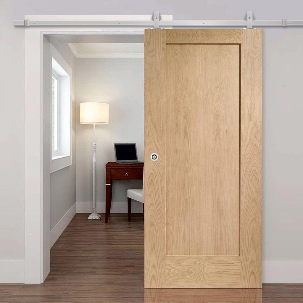 Top Mounted Stainless Steel Sliding Track & Door - Pattern 10 1 Panel Shaker Oak Door - Unfinished