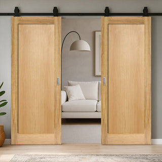 Image: Top Mounted Black Sliding Track & Double Door - Pattern 10 Style Oak Panel Internal Door - Unfinished
