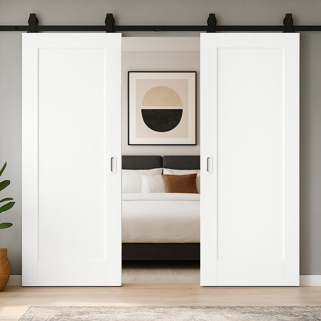 Top Mounted Black Sliding Track & Double Door - Pattern 10 Style Panel Internal Door - White Primed