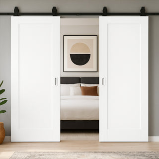 Image: Top Mounted Black Sliding Track & Double Door - Pattern 10 Style Panel Internal Door - White Primed