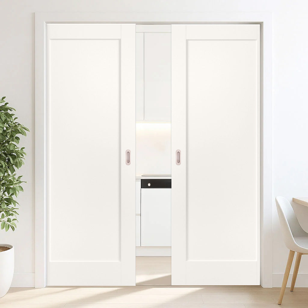 Modern interior with white sliding doors, a plant, and a chair.
