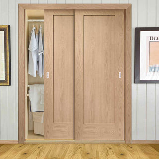 Image: Minimalist Wardrobe Door & Frame Kit - Two Pattern 10 Oak 1 Panel Doors - Prefinished