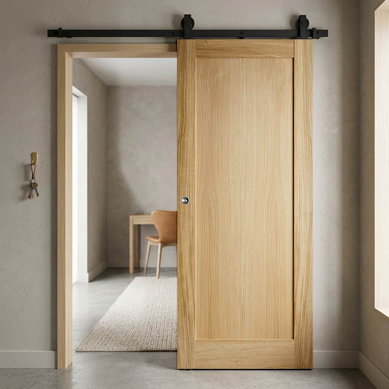 Top Mounted Black Sliding Track & Door - Pattern 10 Style Oak Panel Internal Door - Unfinished