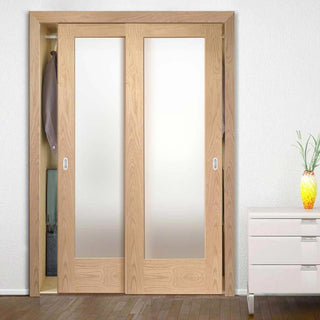 Image: Minimalist Wardrobe Door & Frame Kit - Two Pattern 10 Shaker Oak Doors - Obscure Glass - Unfinished