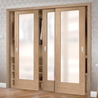Image: Minimalist Wardrobe Door & Frame Kit - Three Pattern 10 Shaker Oak Doors - Obscure Glass - Unfinished