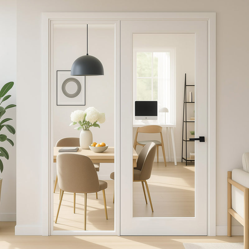 ThruEasi White Room Divider - Pattern 10 with Clear Glass Unfinished Door with Full Glass Side