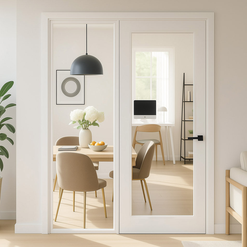 ThruEasi White Room Divider - Pattern 10 with Clear Glass Unfinished Door with Full Glass Side