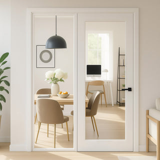 Image: ThruEasi White Room Divider - Pattern 10 with Clear Glass Unfinished Door with Full Glass Side