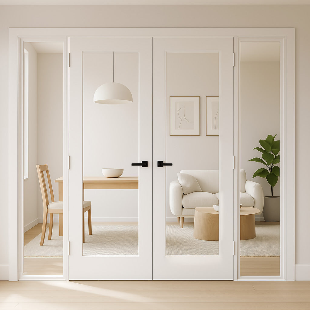 ThruEasi White Room Divider - Pattern 10 with Clear Glass Unfinished Door Pair with Full Glass Sides