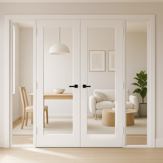 Image: ThruEasi White Room Divider - Pattern 10 with Clear Glass Unfinished Door Pair with Full Glass Sides