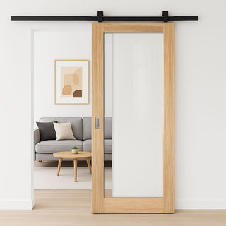Image: Top Mounted Black Sliding Track & Door - Pattern 10 Style Oak Internal Door - Clear Glass