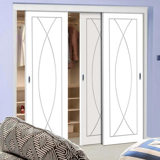 Image: Minimalist Wardrobe Door & Frame Kit - Three Pesaro Flush Doors - White Primed