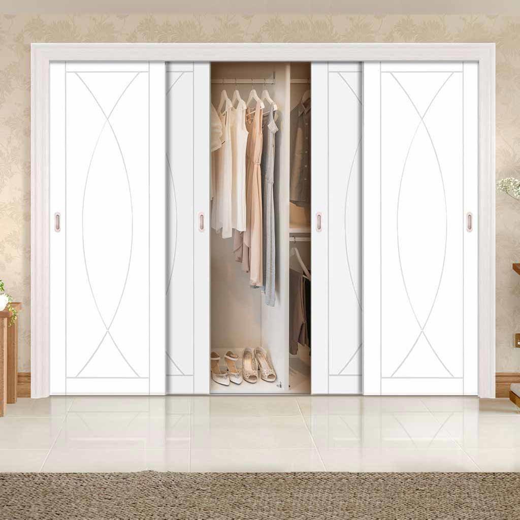 Minimalist Wardrobe Door & Frame Kit - Four Pesaro Flush Doors - White Primed