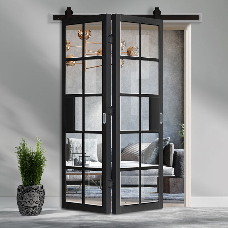 Sliding Top Mounted Black Folding Track & Double Door - Industrial Plaza Black Internal Door - Clear Glass - Prefinished