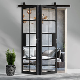 Image: SpaceEasi Top Mounted Black Folding Track & Double Door - Industrial Plaza Black Internal Door - Clear Glass - Prefinished
