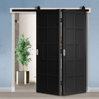 Image: SpaceEasi Top Mounted Black Folding Track & Double Door - Industrial Plaza Black Internal Door - Prefinished