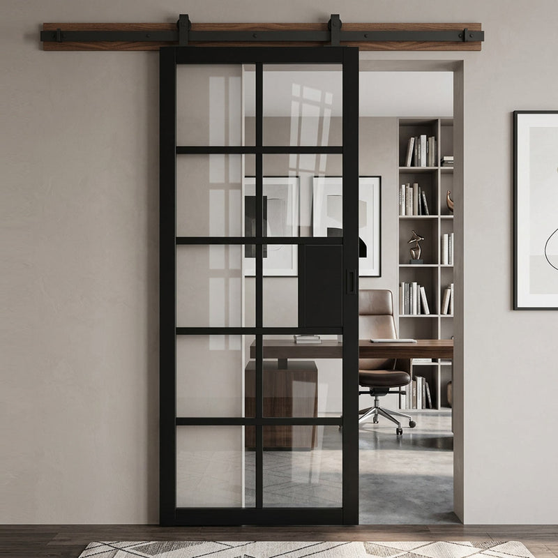 Top Mounted Black Sliding Track & Door - Industrial Plaza Black Internal Door - Clear Glass - Prefinished
