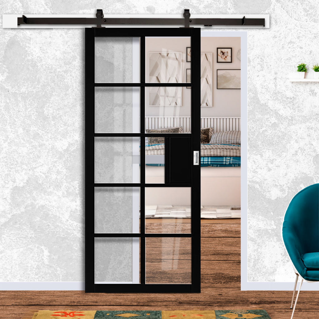 Top Mounted Black Sliding Track & Door - Industrial Plaza Black Internal Door - Clear Glass - Prefinished
