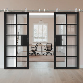 Image: Sirius Tubular Stainless Steel Sliding Track & Double Door - Industrial Plaza Black Internal Door - Clear Glass - Prefinished