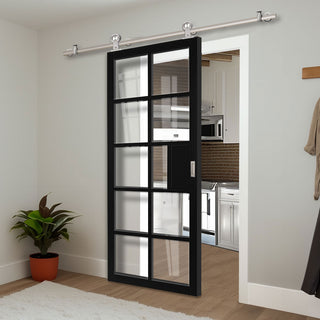 Image: Sirius Tubular Stainless Steel Sliding Track & Door - Industrial Plaza Black Internal Door - Clear Glass - Prefinished