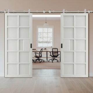 Image: Sirius Tubular Stainless Steel Sliding Track & Double Door - Industrial Plaza White Panel Internal Door - Prefinished