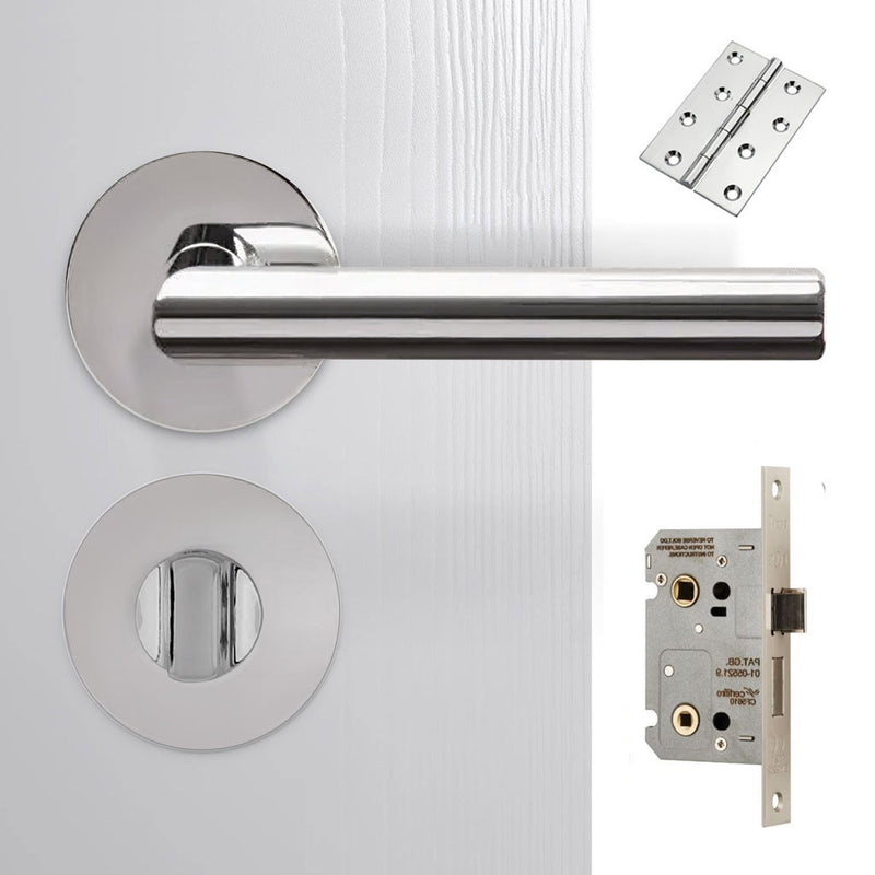 Monroe Door Lever Bathroom Handle Pack - 3 Square Hinges - Polished Stainless Steel