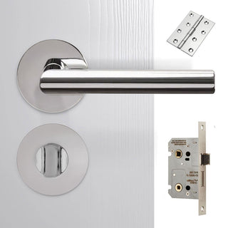 Image: Monroe Door Lever Bathroom Handle Pack - 4 Square Hinges - Polished Stainless Steel