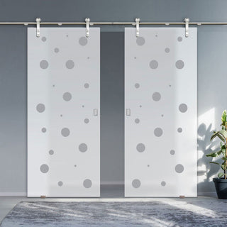 Image: Double Glass Sliding Door - Solaris Tubular Stainless Steel Sliding Track & Polka Dot 8mm Obscure Glass - Obscure Printed Design