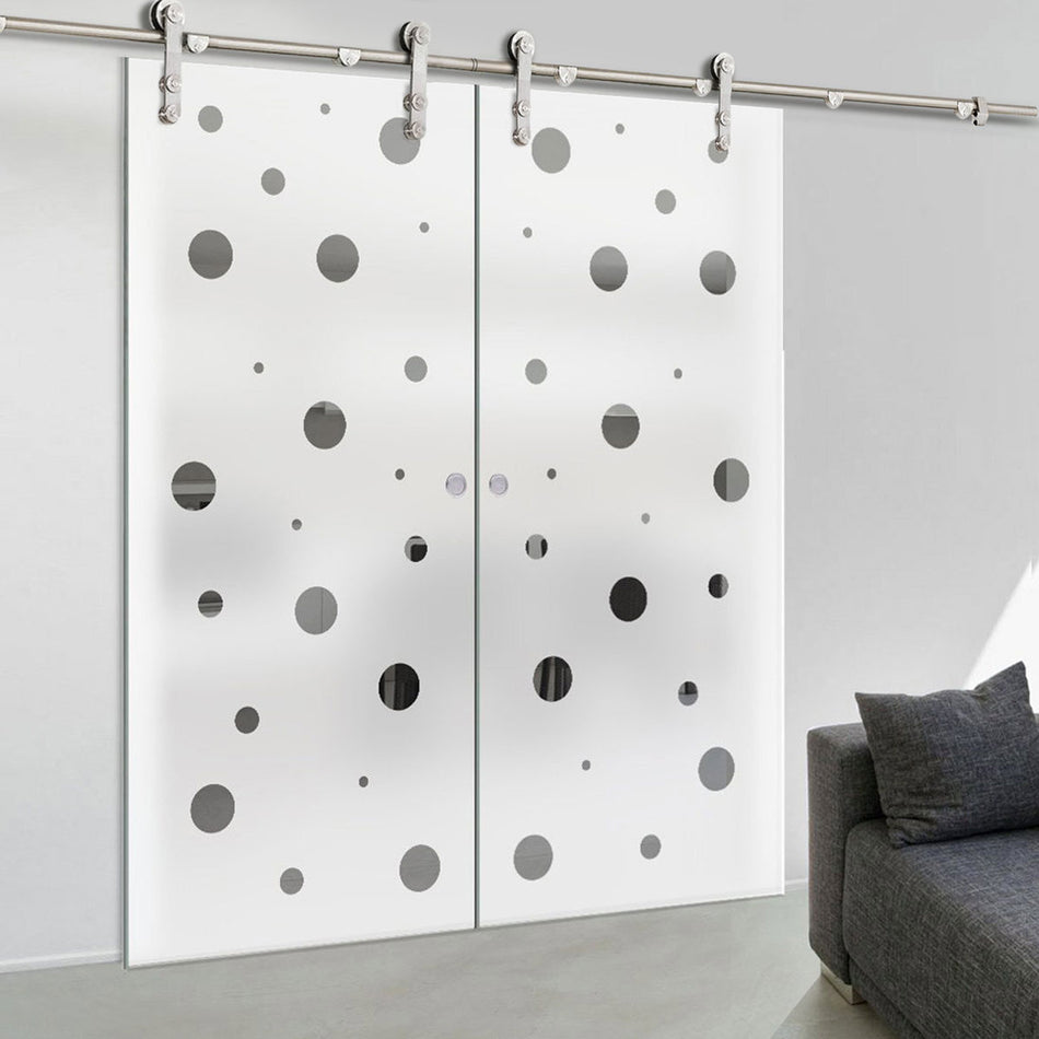 Double Glass Sliding Door - Solaris Tubular Stainless Steel Sliding Track & Polka Dot 8mm Obscure Glass - Clear Printed Design