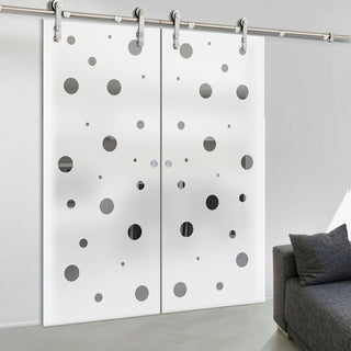 Image: Double Glass Sliding Door - Solaris Tubular Stainless Steel Sliding Track & Polka Dot 8mm Obscure Glass - Clear Printed Design