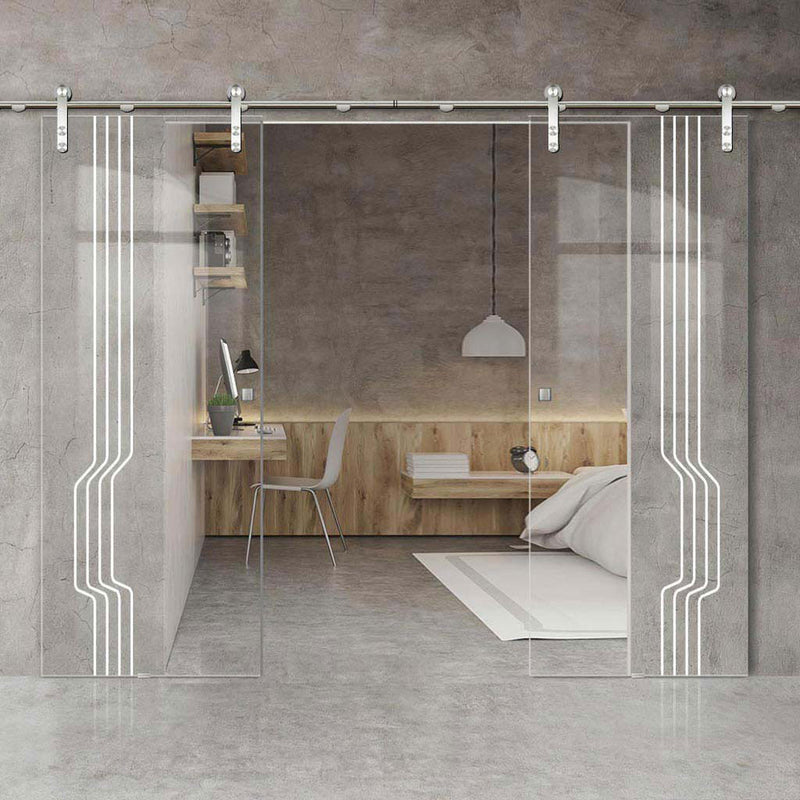 Double Glass Sliding Door - Solaris Tubular Stainless Steel Sliding Track & Polwarth 8mm Clear Glass - Obscure Printed Design