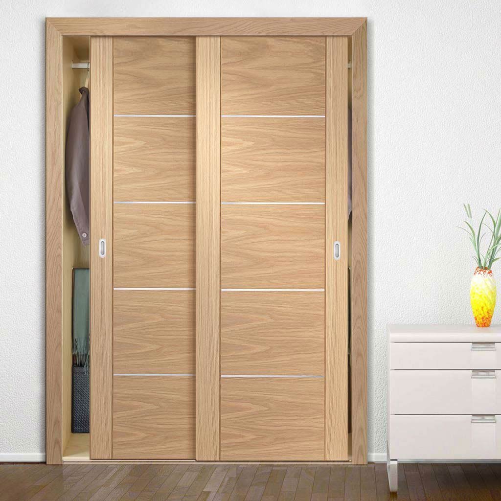 Minimalist Wardrobe Door & Frame Kit - Two Portici Oak Flush Doors - Aluminium Inlay - Prefinished