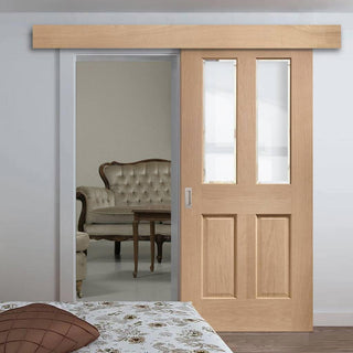 Image: Single Sliding Door & Wall Track - Malton Oak Door - Bevelled Clear Glass - Prefinished