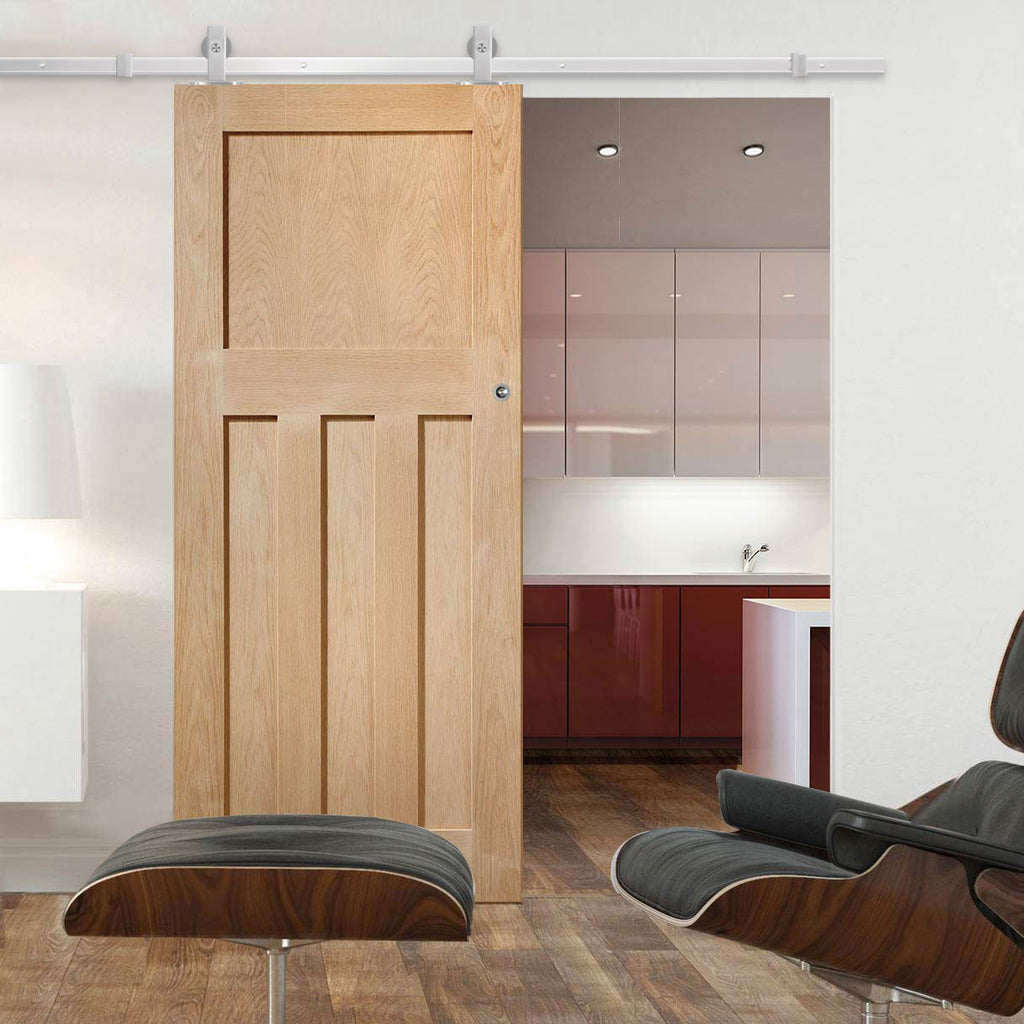 Top Mounted Stainless Steel Sliding Track & Door - DX Oak Panel Door - 1930's Style -Unfinished