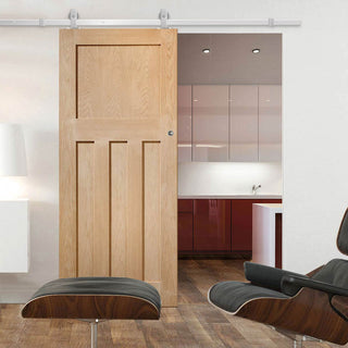 Image: Top Mounted Stainless Steel Sliding Track & Door - DX Oak Panel Door - 1930's Style -Unfinished