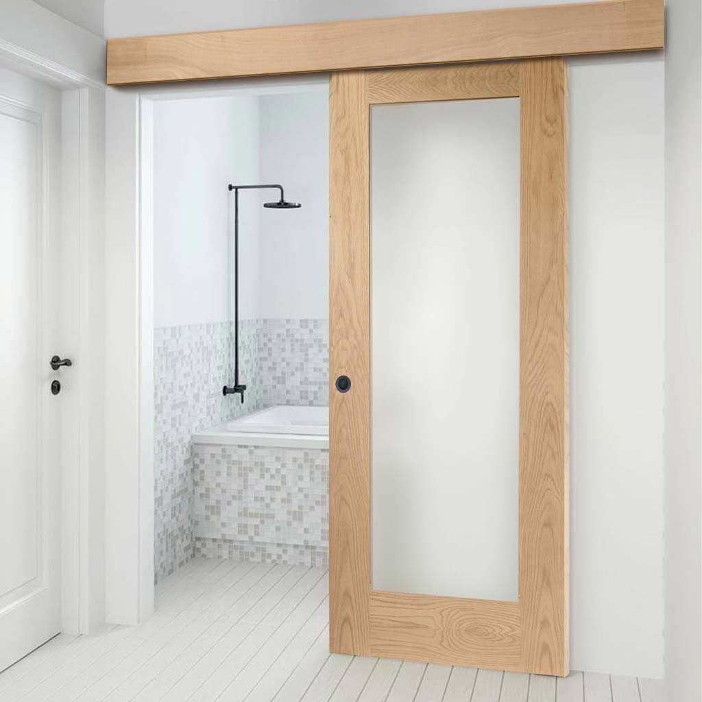 Single Sliding Door & Wall Track - Pattern 10 Oak Shaker 1 Pane Door - Obscure Glass - Prefinished