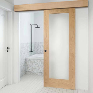Image: Single Sliding Door & Wall Track - Pattern 10 Oak Shaker 1 Pane Door - Obscure Glass - Prefinished
