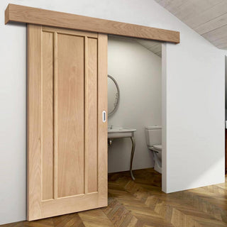 Image: Single Sliding Door & Wall Track - Worcester Oak 3 Panel Door - Prefinished
