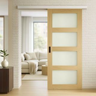 Image: Premium Single Sliding Door & Wall Track - Coventry Oak Door - Frosted Glass - Prefinished