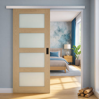 Image: Premium Single Sliding Door & Wall Track - Coventry Shaker Style Oak Door - Frosted Glass - Unfinished