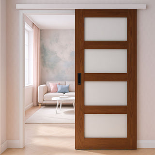 Image: Premium Single Sliding Door & Wall Track - Coventry Prefinished Walnut Shaker Style Door - Frosted Glass
