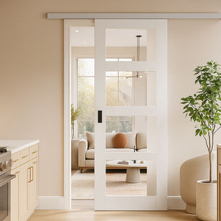 Image: Premium Single Sliding Door & Wall Track - Coventry White Primed Shaker Door - Clear Glass